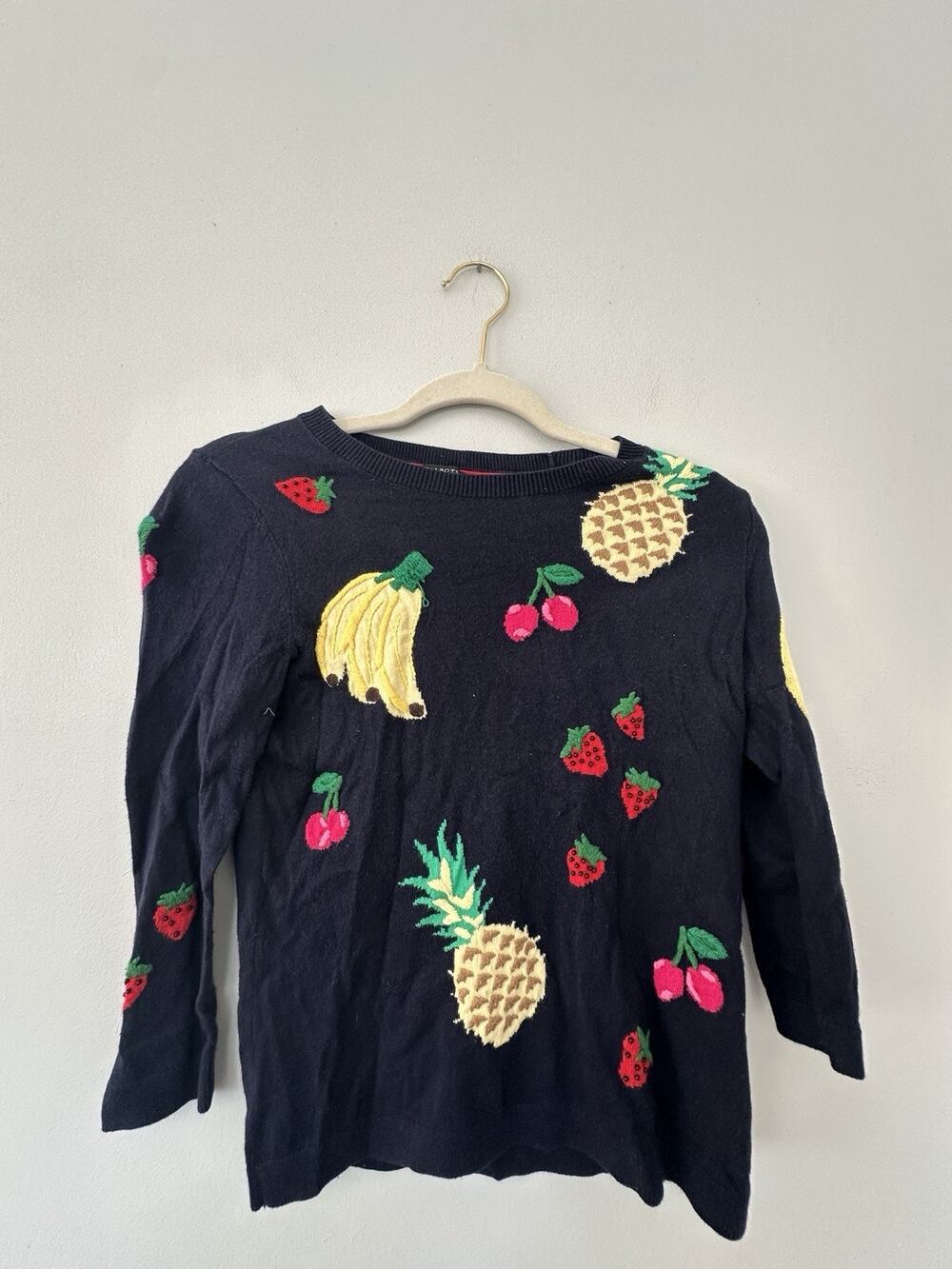 Talbots Navy Blue Fruit Banana Cherry Pineapple Knit Sweater Women Petite